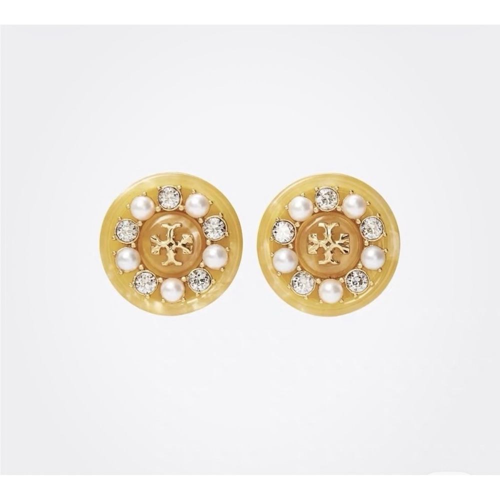 New Tory Burch T Logo Roxanne Small Button Stud Studs Earrings Gold Pearls Bling